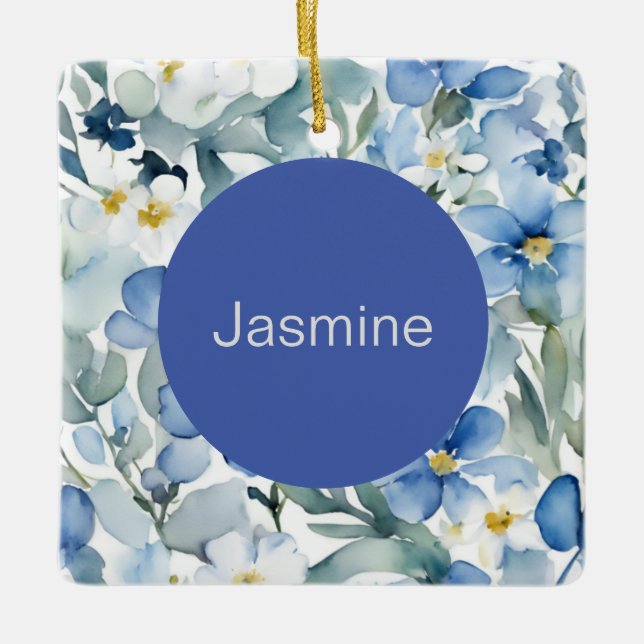 Professional Modern Minimalist Blue Floral Name Ceramic Ornament (Front)
