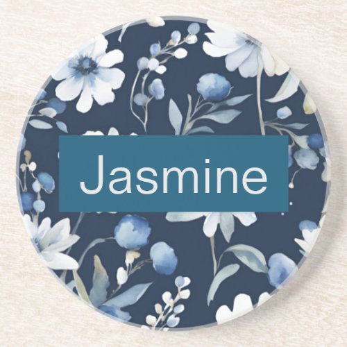 Professional Modern Minimalist Blue Floral Name Coaster