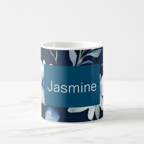 Professional Modern Minimalist Blue Floral Name Coffee Mug