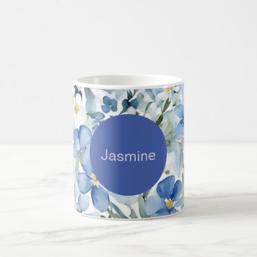 Professional Modern Minimalist Blue Floral Name Coffee Mug