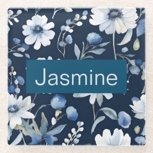 Professional Modern Minimalist Blue Floral Name Glass Coaster