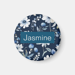 Professional Modern Minimalist Blue Floral Name Magnet