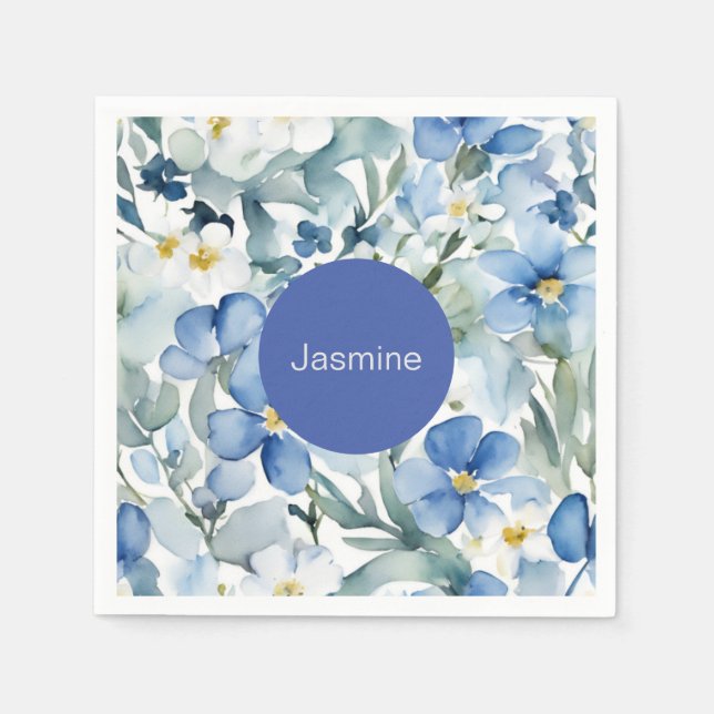 Professional Modern Minimalist Blue Floral Name Napkins (Front)