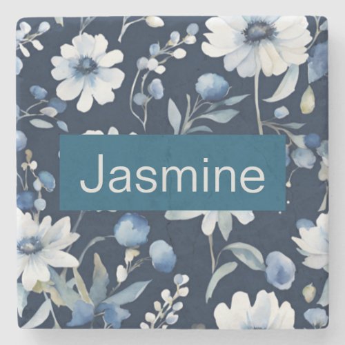 Professional Modern Minimalist Blue Floral Name Stone Coaster