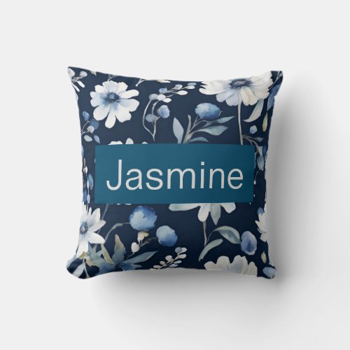 Professional Modern Minimalist Blue Floral Name Throw Pillow