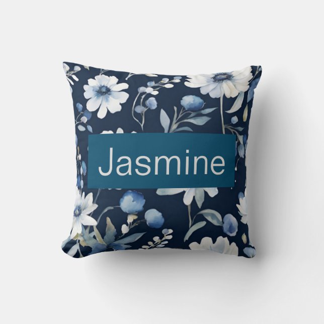 Professional Modern Minimalist Blue Floral Name Throw Pillow (Front)