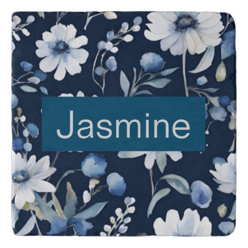 Professional Modern Minimalist Blue Floral Name Trivet