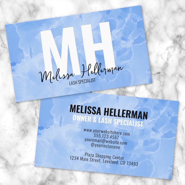 Professional Modern Minimalist Blue Monogram Business Card (Chic Modern Minimal Blue Watercolor Monogram Business Card)