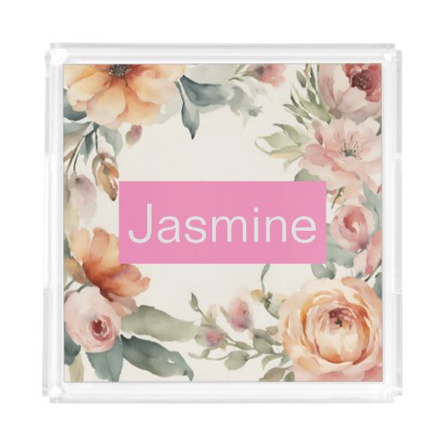 Professional Modern Minimalist Roses Floral Name Acrylic Tray