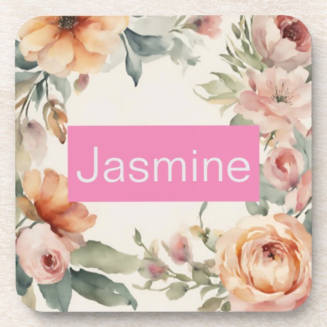 Professional Modern Minimalist Roses Floral Name Beverage Coaster (Front)
