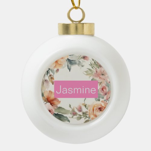 Professional Modern Minimalist Roses Floral Name Ceramic Ball Christmas Ornament