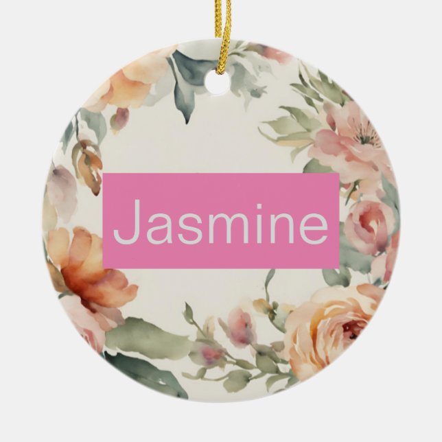 Professional Modern Minimalist Roses Floral Name Ceramic Ornament (Front)