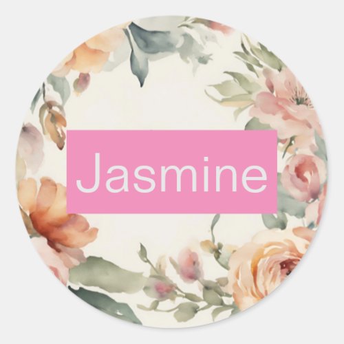 Professional Modern Minimalist Roses Floral Name Classic Round Sticker