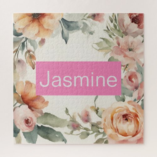 Professional Modern Minimalist Roses Floral Name Jigsaw Puzzle