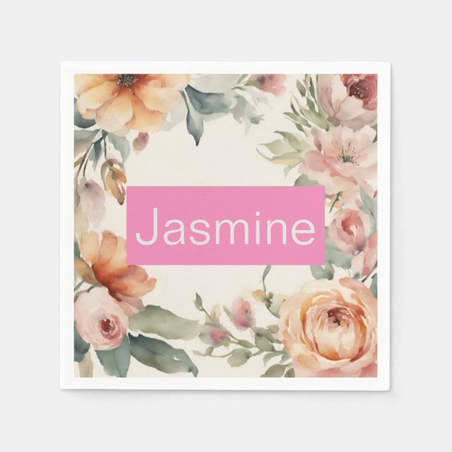 Professional Modern Minimalist Roses Floral Name Napkins (Front)