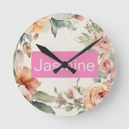 Professional Modern Minimalist Roses Floral Name Round Clock