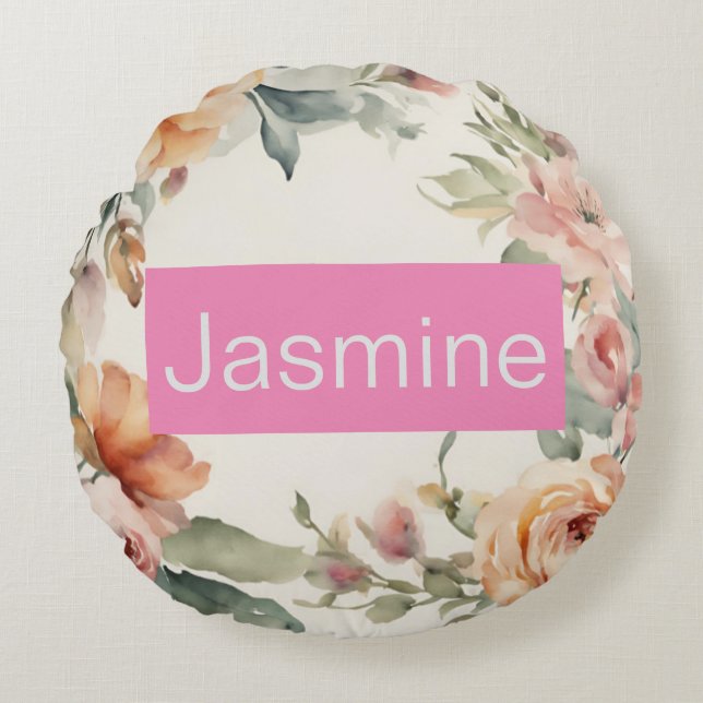 Professional Modern Minimalist Roses Floral Name Round Pillow (Front)