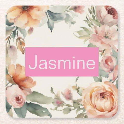 Professional Modern Minimalist Roses Floral Name Square Paper Coaster