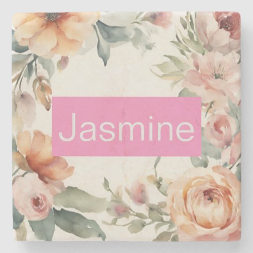 Professional Modern Minimalist Roses Floral Name Stone Coaster