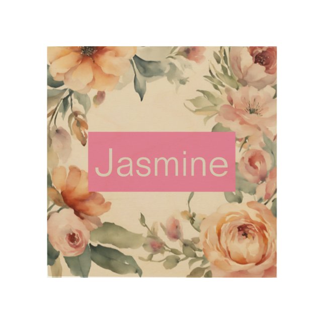 Professional Modern Minimalist Roses Floral Name Wood Wall Art (Front)