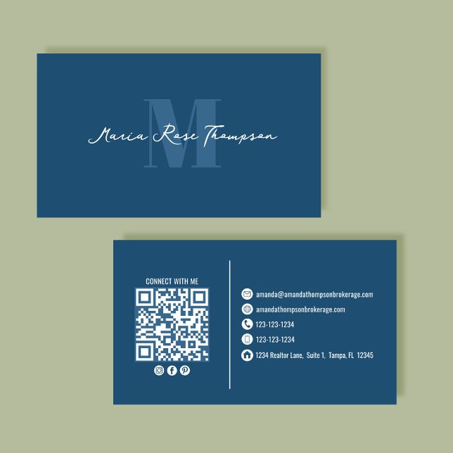 Professional Modern Monogram Blue QR Code  Business Card (Elegant blue monogram business card with QR code for instant networking and professional branding.)