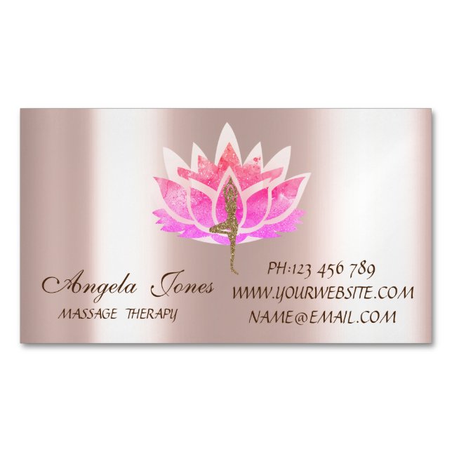 Professional Modern Pink Lotus Flower Yoga Girl Business Card Magnet (Front)