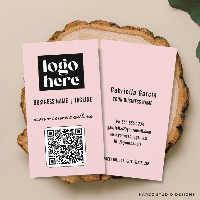 Professional Modern Pink QR Code Logo Business Card (Front and back of the business card are shown in standard size. Choose size, corner + paper style.)