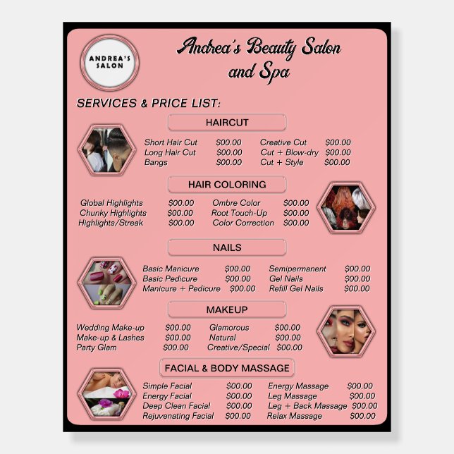 Professional Modern Pink Salon Spa Services Menu Foam Board (Front)