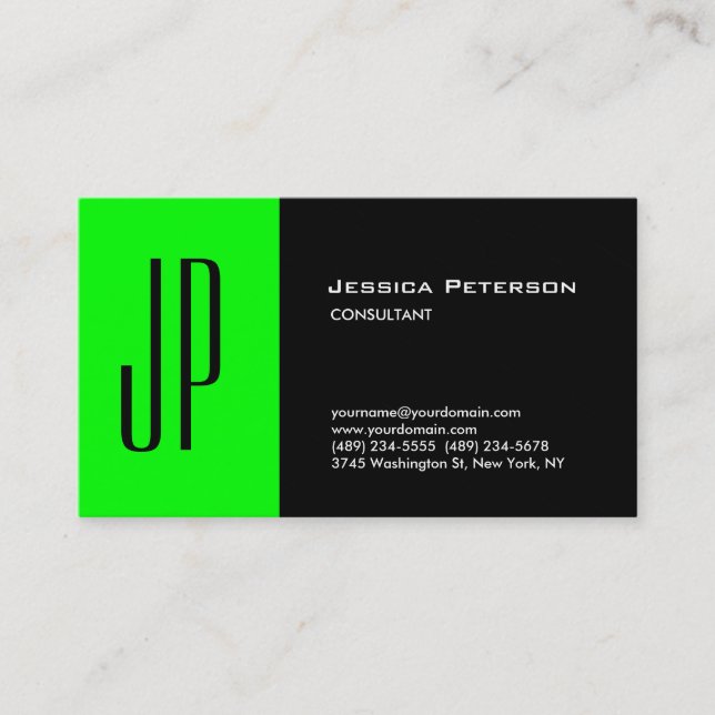 Professional Modern Plain Green Black Monogram Business Card (Front)