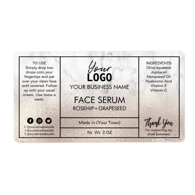 Professional Modern Rose Gold Marble Face Serum Label (Front)