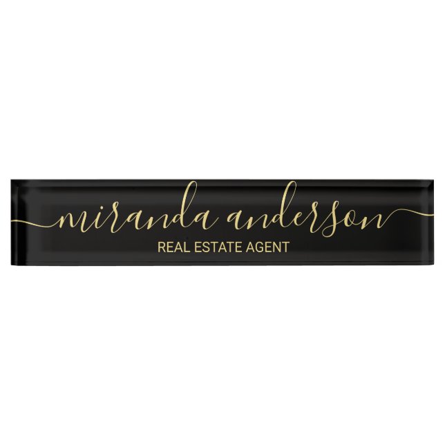 Professional Modern Script Black and Gold Desk Name Plate (Front)