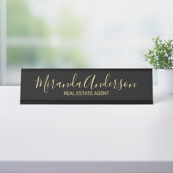 Professional Modern Script Black And Gold Desk Name Plate by manadesignco at Zazzle