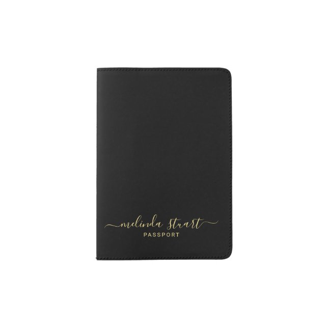Professional Modern Script Black and Gold Passport Holder (Front)