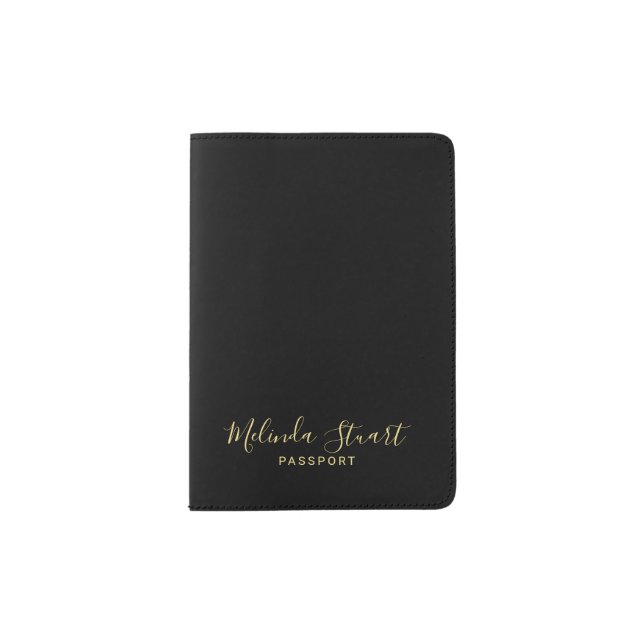 Professional Modern Script Black and Gold Passport Holder (Front)