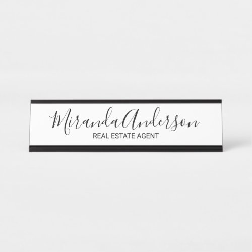 Professional Modern Script Black and White Desk Name Plate