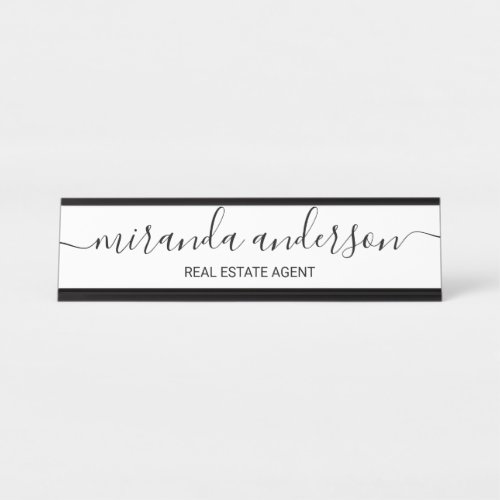 Professional Modern Script Black and White Desk Name Plate