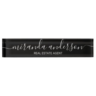 Professional Modern Script Black and White Desk Name Plate