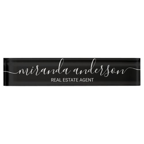 Professional Modern Script Black and White Desk Name Plate