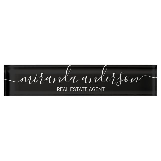 Professional Modern Script Black and White Desk Name Plate (Front)