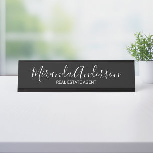Professional Modern Script Black and White Desk Name Plate