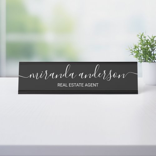 Professional Modern Script Black and White Desk Name Plate