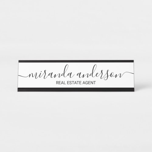 Professional Modern Script Black and White Desk Name Plate