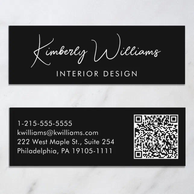 Professional Modern Script QR Code Black Mini Business Card | Zazzle