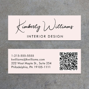 Professional Modern Script QR Code Pink Mini Business Card