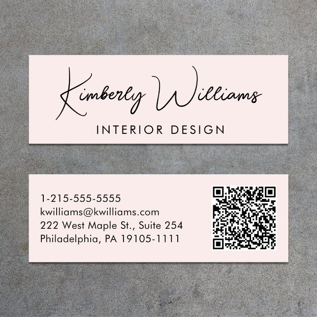Professional Modern Script QR Code Pink Mini Business Card (Capture attention, make connections, and leave a lasting impression with our mini QR business card)