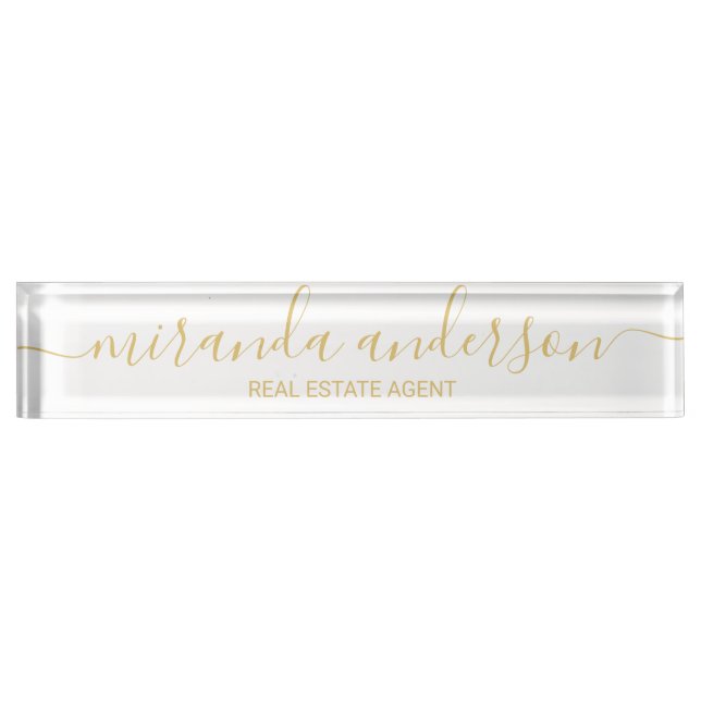 Professional Modern Script White and Gold Desk Name Plate (Front)