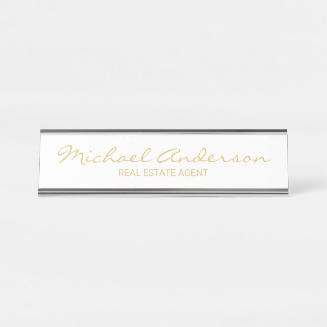 Professional Modern Script White and Gold Desk Name Plate (Front)