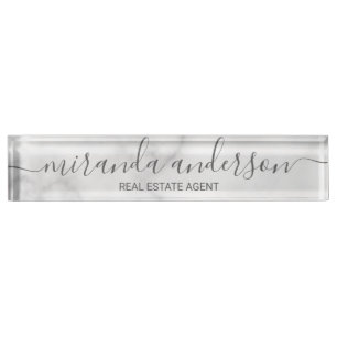 Professional Modern Script White Marble Desk Name Plate