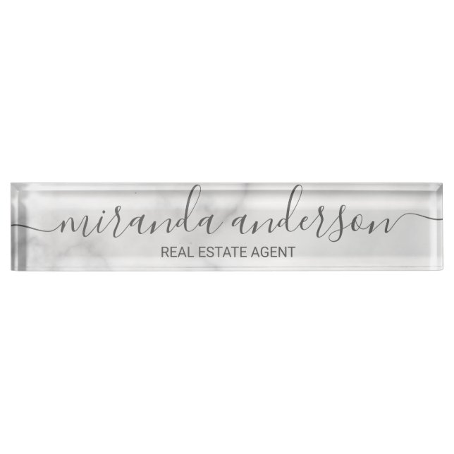 Professional Modern Script White Marble Desk Name Plate (Front)