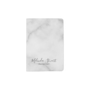 Professional Modern Script White Marble Passport Holder